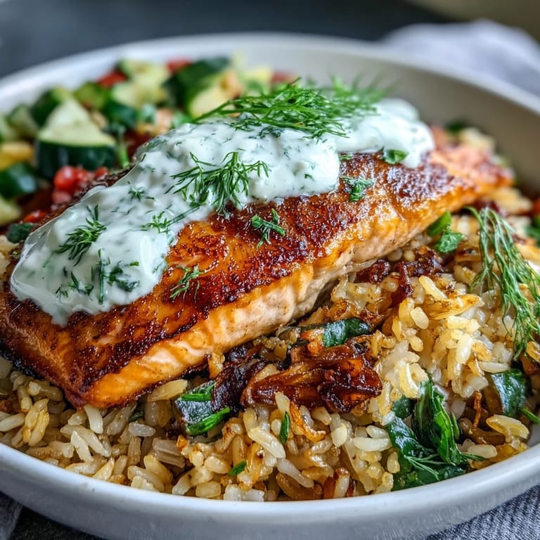 Close-up of a Mediterranean fusion Crispy Rice Salmon Bowl, highlighting juicy salmon and colorful roasted vegetables for dinner.