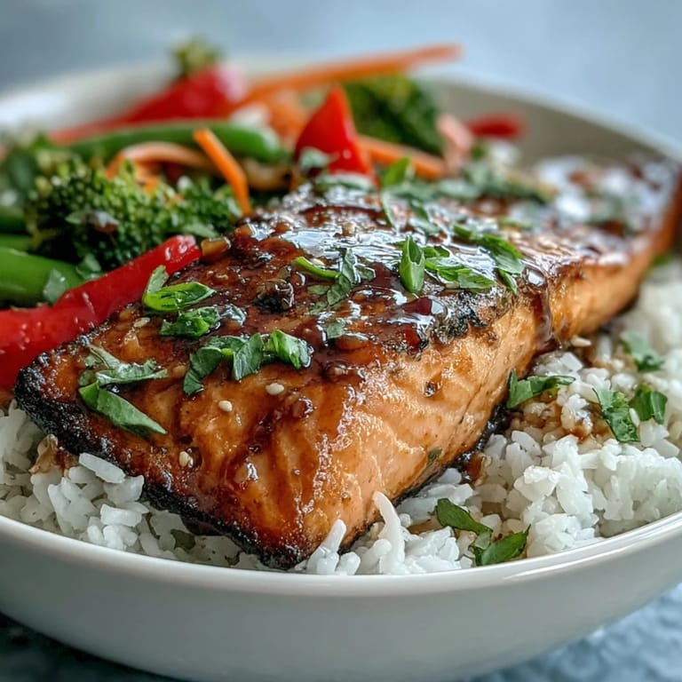 Freshly seared salmon fillet for this Teriyaki Salmon Bowl, topped with colorful bell peppers and broccoli beside steaming rice.