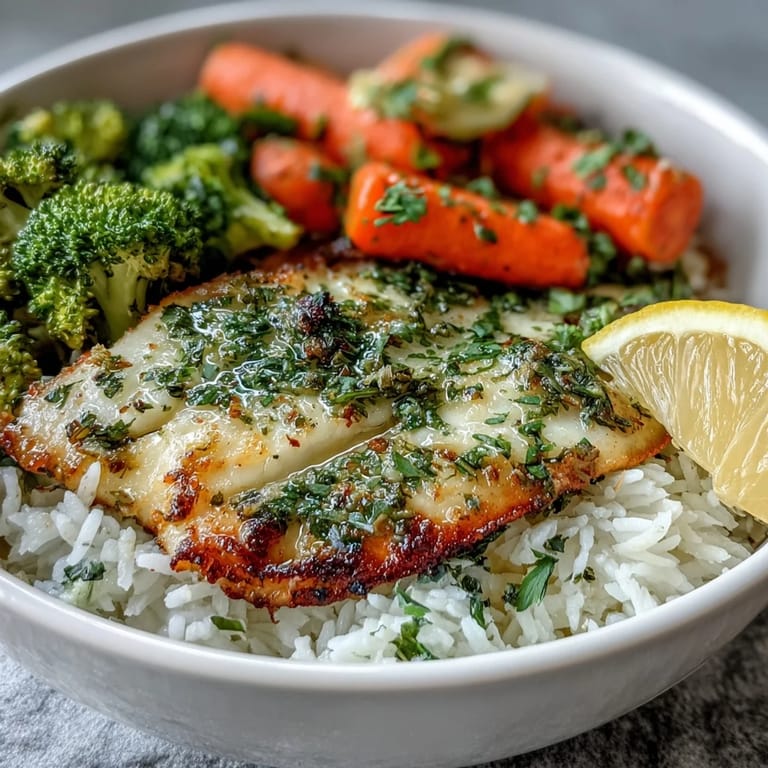 Tender baked tilapia fillets served over steamed rice and crisp vegetables in a wholesome bowl.