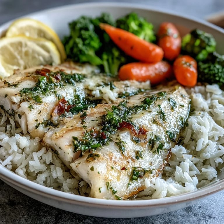 Freshly baked tilapia with lemon herbs over fluffy rice and steamed broccoli for a healthy meal.