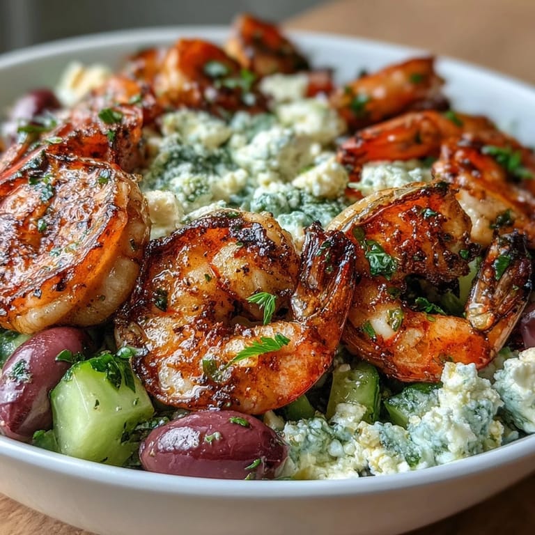 Vibrant Greek Shrimp Bowl served over crisp greens with Kalamata olives, red onion, and a drizzle of zesty lemon-olive oil dressing.