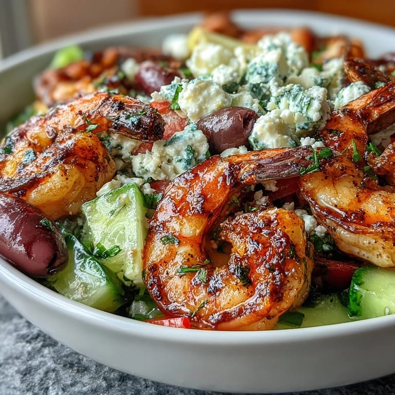 Colorful Greek Shrimp Bowl featuring charred shrimp, diced cucumbers, halved cherry tomatoes, crumbled feta, and briny olives ready for dinner.