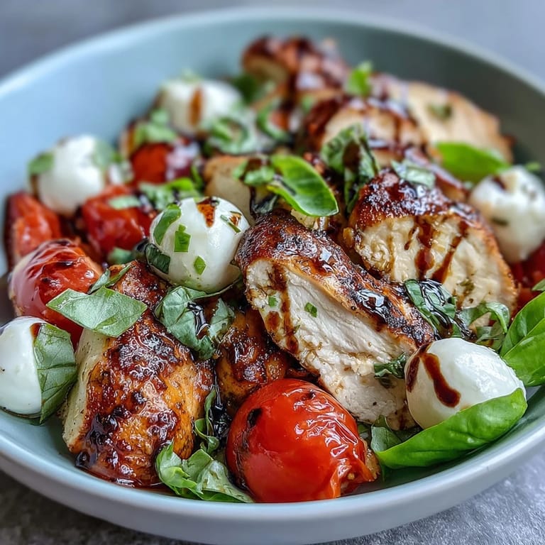 A fork lifts a piece of juicy grilled chicken from a Caprese Chicken Bowl, garnished with basil and a tangy balsamic drizzle.