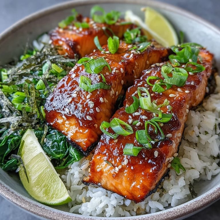 Freshly prepared miso glazed salmon bowl garnished with lime wedges and nori strips on a rustic wooden table.