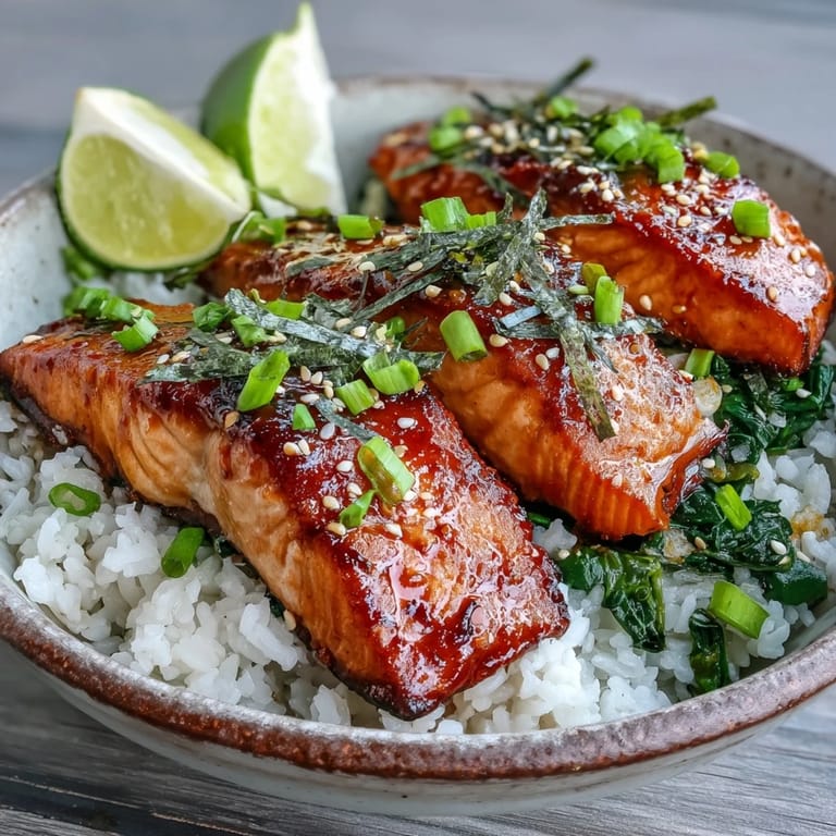 Savory miso glazed salmon bowl featuring fluffy jasmine rice and vibrant sautéed spinach for a nourishing weeknight dinner.