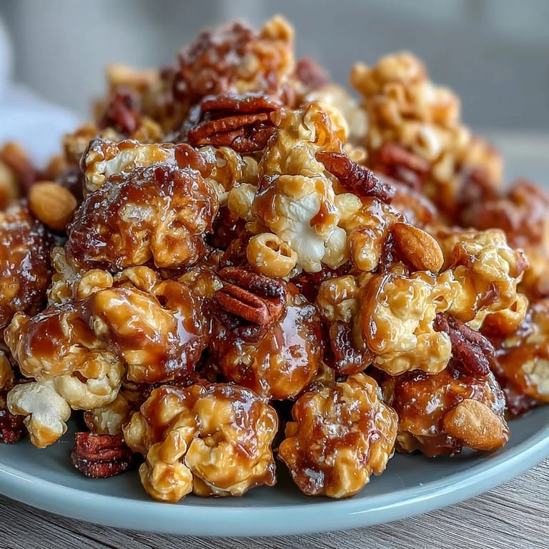 Golden caramel drizzled over popcorn and peanuts, baked to crunchy perfection for baseball season snacking.