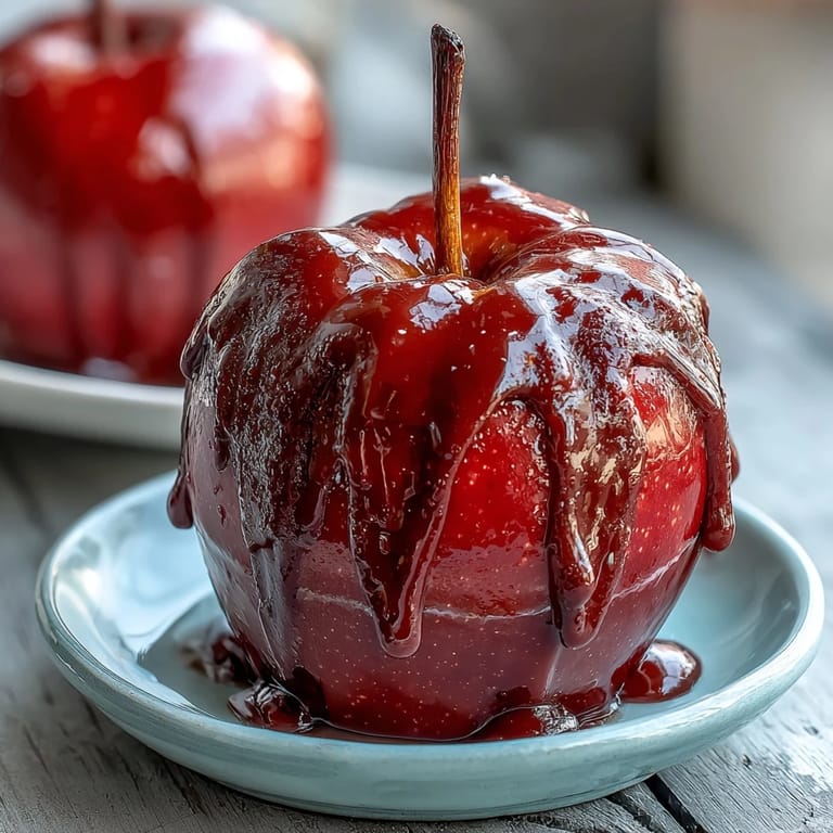 Classic red candy apples with white chocolate drizzle displayed on a serving plate.