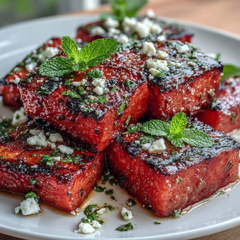 Sweet grilled watermelon pairs with tangy feta and bright mint in this vibrant summer salad, drizzled with balsamic glaze.