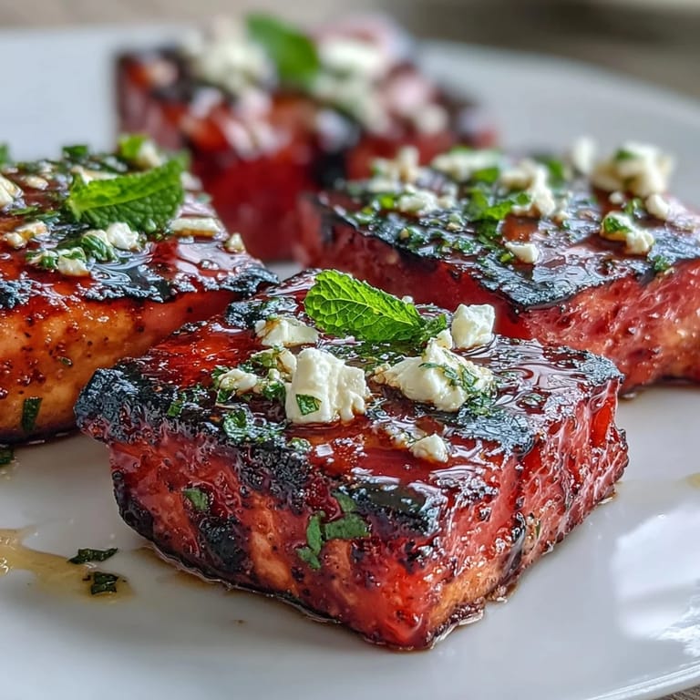 Charred watermelon cubes mingle with crumbled feta, red onion, and mint leaves for a refreshing Mediterranean-inspired salad.