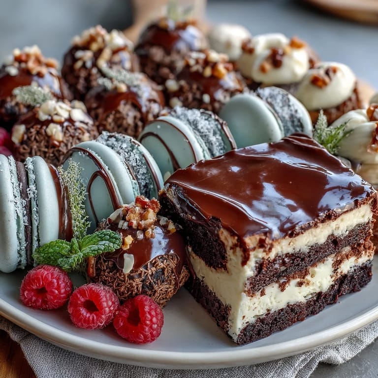 Vibrant dessert board featuring mini brownies, lemon bars, and cake slices surrounded by fresh berries and chocolate-covered pretzels for a sweet party display.  