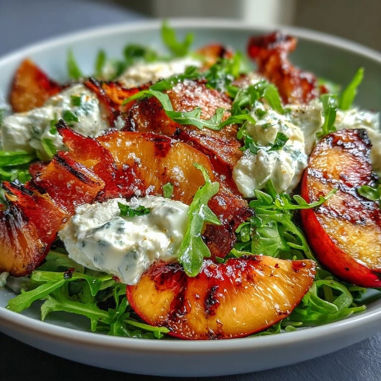 Sweet, caramelized grilled peaches paired with burrata and fresh basil, drizzled with honey for a vibrant, refreshing salad.