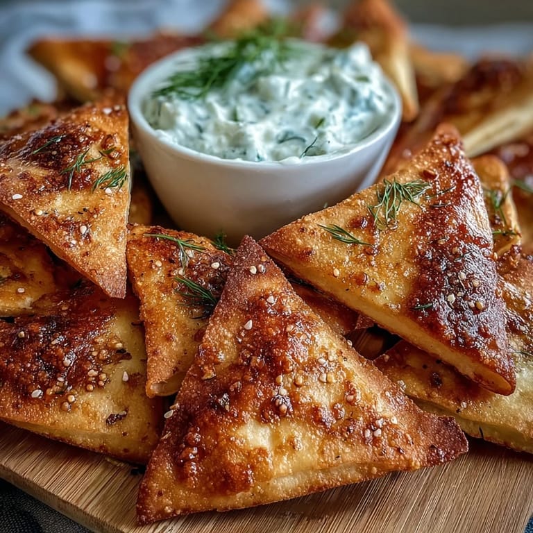 Fresh-baked pita chips paired with creamy tzatziki sauce — perfect for dipping and sharing.