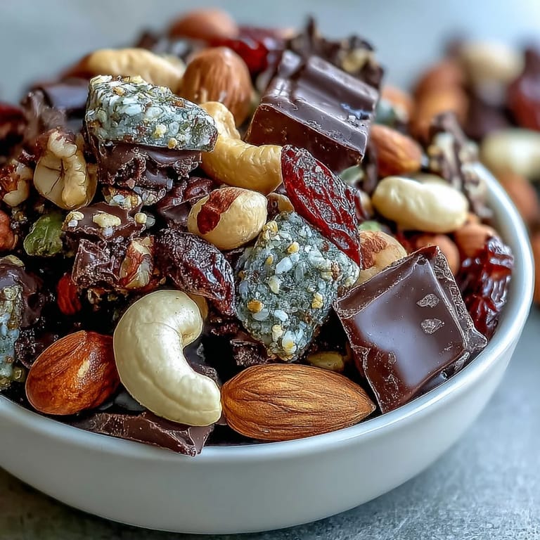 A vibrant mix of roasted nuts, chewy dried apricots, and dark chocolate chunks, ideal for energizing hikes or beach outings.