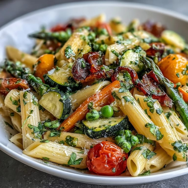 Light and fresh Spring Pasta Primavera with tender penne, sautéed spring vegetables, and a sprinkle of Parmesan cheese.