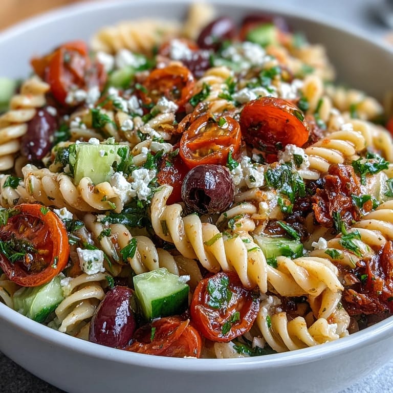 Greek-style summer pasta salad with briny Kalamata olives, creamy feta, and crisp vegetables, perfect for picnics or potlucks.