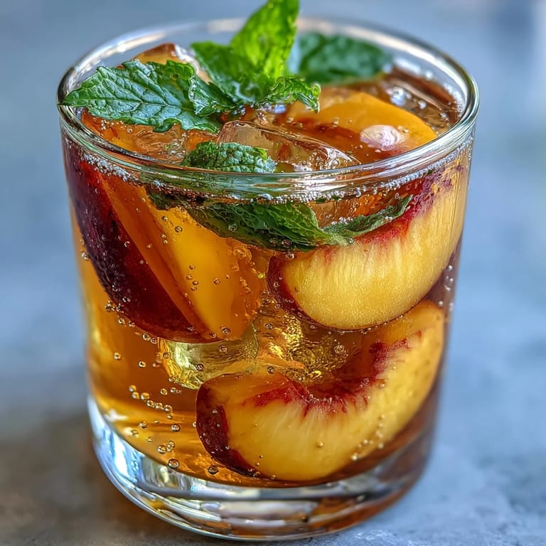 Refreshing summer mango peach tea with bubbles, ripe fruit, and cool mint.