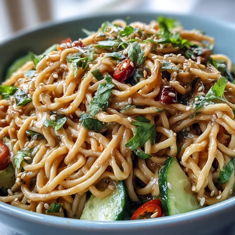 Refreshing cold sesame noodles with crunchy vegetables, perfect for a quick summer meal.