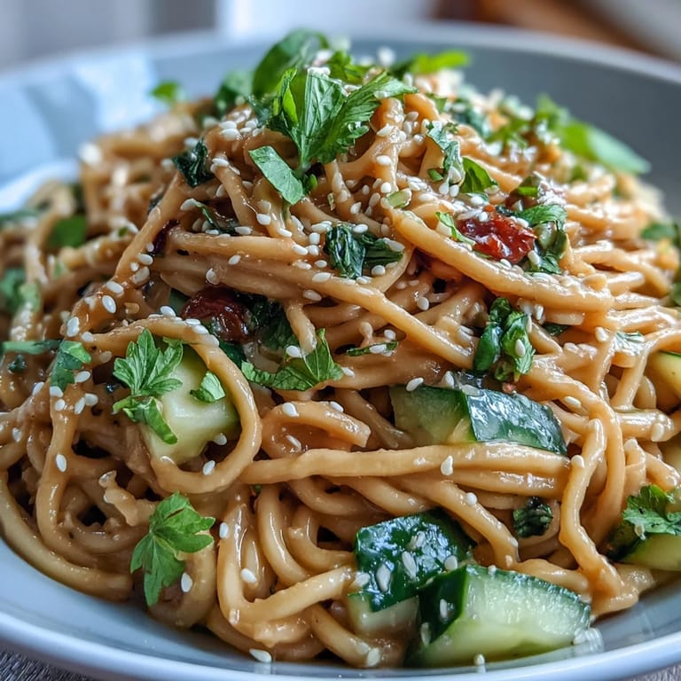 Chilled wheat noodles in creamy sesame sauce, topped with crisp cucumber and fresh cilantro.  