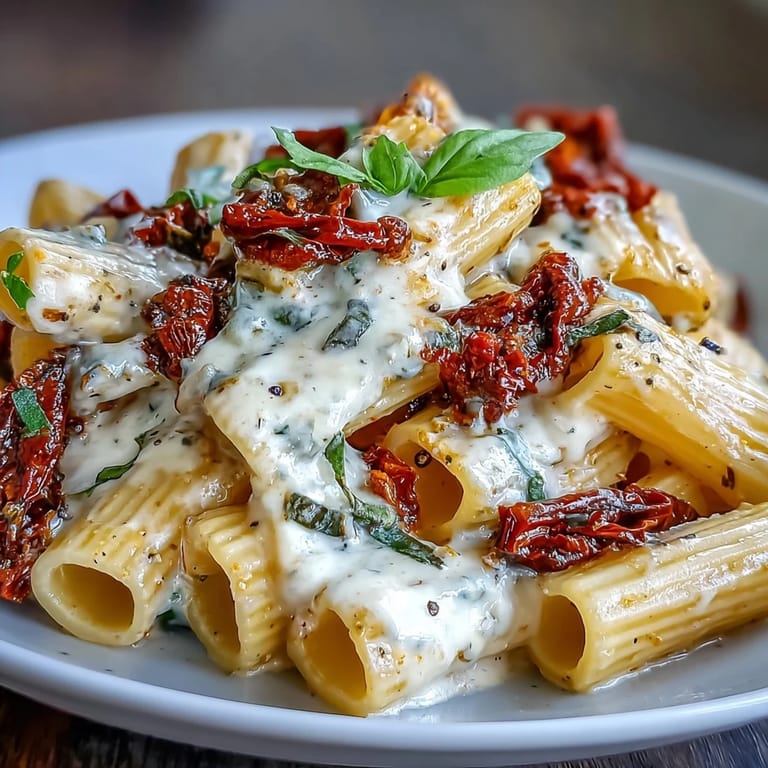 Golden-brown Marry Me Pasta tossed with parmesan and sun-dried tomatoes, topped with fresh basil leaves.