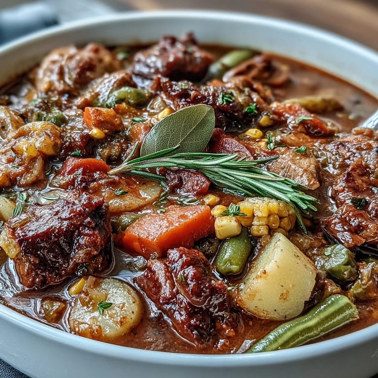 A hearty Southern stew brimming with meats and colorful vegetables, perfect for Kentucky Derby parties and gatherings.  