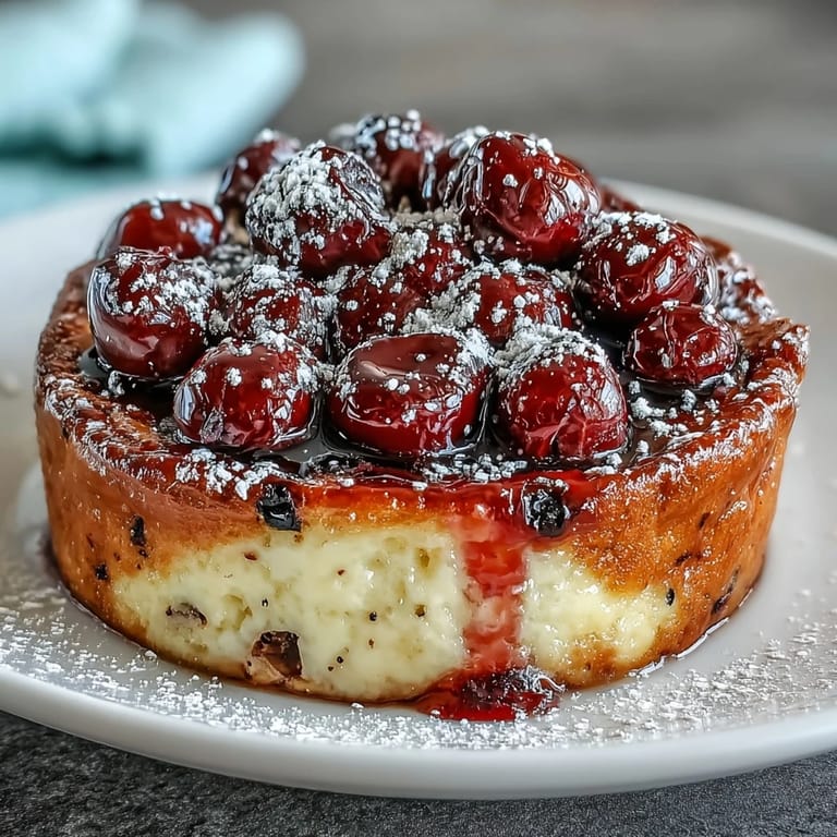 Juicy sweet cherries nestled in a creamy vanilla custard for a rustic French dessert.  