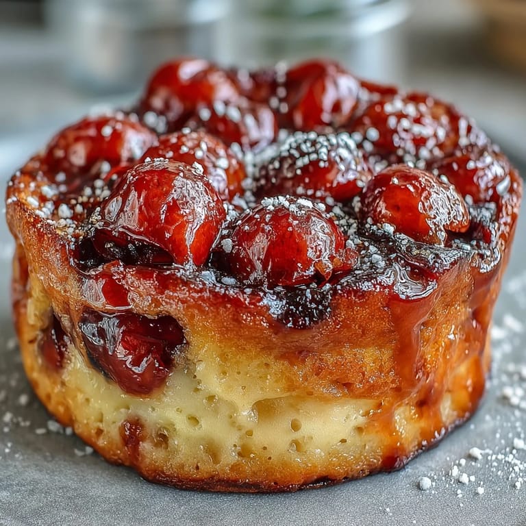 Elegant cherry clafoutis dusted with powdered sugar, perfect for summer gatherings.