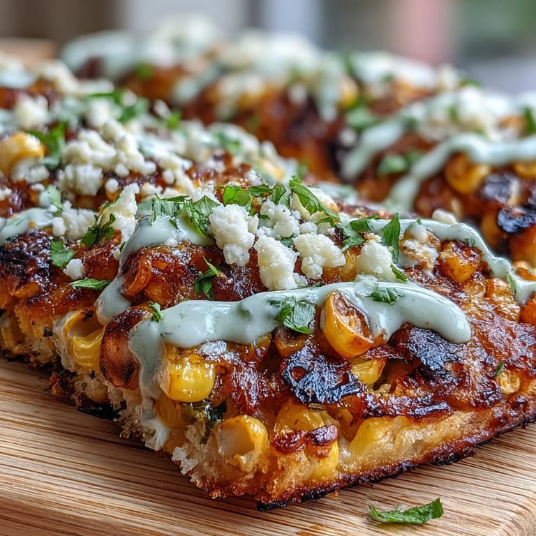 Crispy flatbread crust loaded with grilled corn, red onions, and spicy jalapeño crema for a bold flavor.