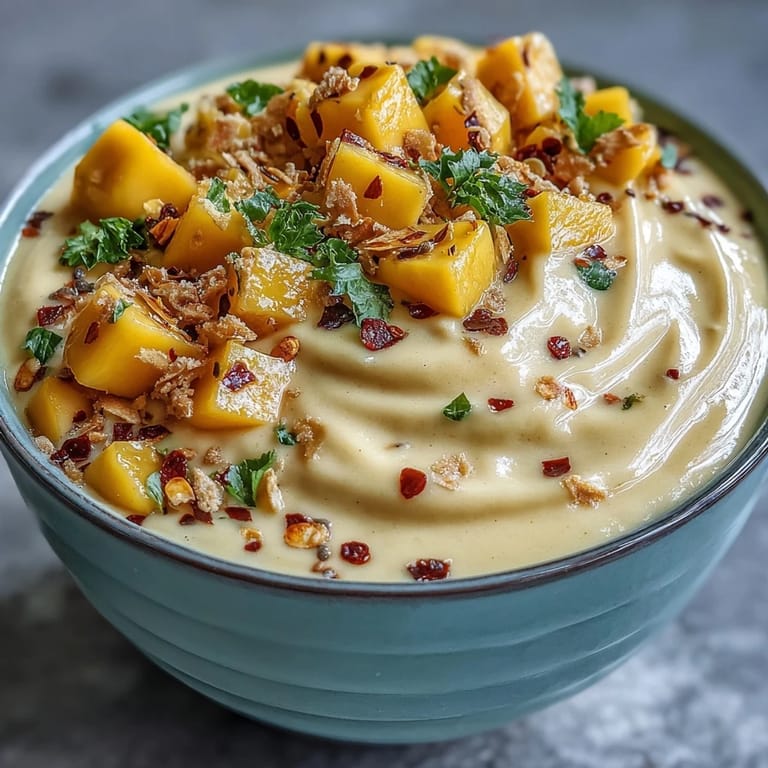 This colorful smoothie bowl features a creamy mango-lime base with a hint of chili, garnished with tropical fruits and crunchy toppings.
