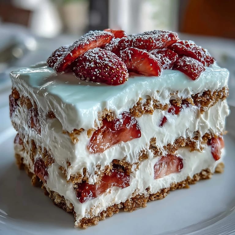Chilled icebox cake featuring juicy strawberries, fluffy whipped cream, and crisp graham crackers—a refreshing summer dessert.