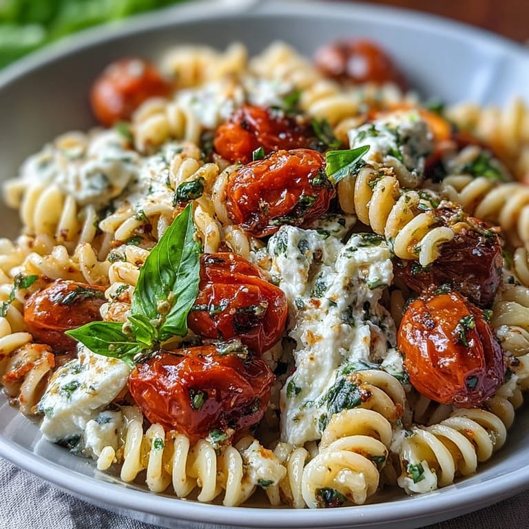 Plate of Summer Caprese Pasta, topped with torn burrata and fresh basil leaves.
