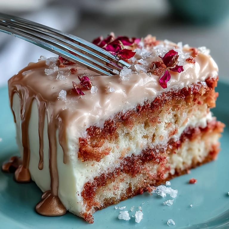 Luscious Rosé Velvet Cake, a pastel masterpiece with shimmering gold accents, ready to serve.