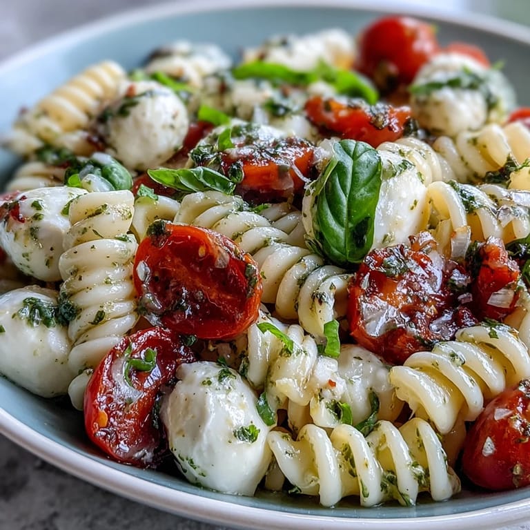 Vibrant Caprese pasta salad featuring cherry tomatoes, mozzarella, and zesty basil dressing.