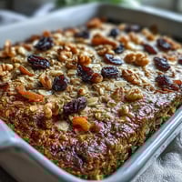 Golden brown Carrot Cake Baked Oatmeal, studded with raisins and walnuts.