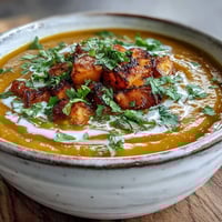 Creamy Butternut Squash and Lentil Soup steams in a rustic bowl, garnished with fresh cilantro and a coconut swirl.