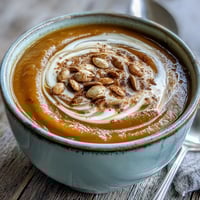 Creamy Butternut Squash and Apple Soup in a rustic bowl garnished with thyme.