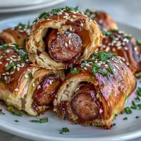 Golden brown Pepper Jelly Hogs in a Blanket are arranged on a rustic wooden serving board. Flaky pastry wraps juicy sausages with a shiny, sweet red glaze, perfect for game day appetizers.