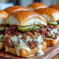 Golden-brown Touchdown Brat Sliders baked on a sheet pan, topped with melted beer cheese sauce and caramelized onions.