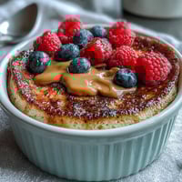 Freshly baked Baked Protein Pancake Bowl with melty chocolate chips on top, served warm in a ceramic ramekin.
