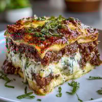 Golden-brown, bubbling layers of Worlds Best Lasagna, featuring tender noodles, rich meat sauce, creamy ricotta, and melted mozzarella cheese.