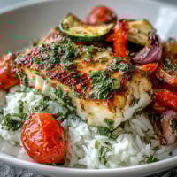 Flaky pan-seared fish bowl with fluffy rice and roasted vegetables, drizzled with bright lemon sauce on a white plate.