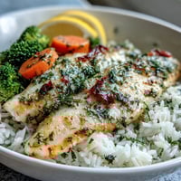 Golden herb-baked tilapia on fluffy white rice with bright green broccoli and orange carrot slices.