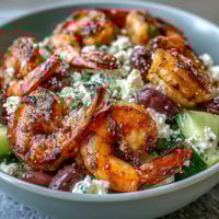 Freshly grilled Greek Shrimp Bowl with plump shrimp, juicy tomatoes, creamy feta, and crisp cucumber topped with a lemony dressing.