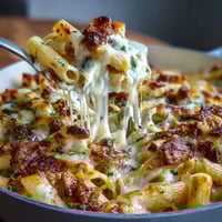 One-Pot Cheesy Pasta Bake with melted mozzarella and cheddar bubbling in a rich tomato sauce.