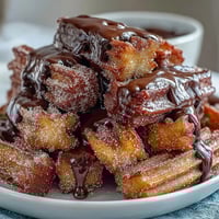 Golden cinnamon sugar churro bites, crispy on the outside and tender inside, served with a warm, glossy chocolate dipping sauce for Cinco de Mayo celebrations.