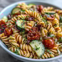 Vibrant picnic pasta salad with colorful vegetables and mozzarella in zesty Italian dressing.  