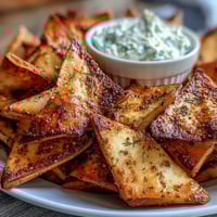 Homemade pita chips with tzatziki — crispy golden wedges beside a cool, herby cucumber yogurt dip.