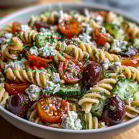 Summer pasta salad with Greek olives and feta, bursting with fresh cucumbers, tomatoes, and bell peppers in a tangy herb dressing.