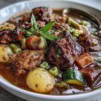 A steaming bowl of Kentucky Derby Burgoo Stew with tender chunks of beef, pork, and chicken simmered with vegetables.  