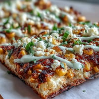 Festive Cinco de Mayo flatbread with charred corn, cotija cheese, and jalapeño crema drizzled on top.  