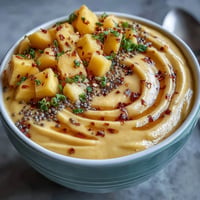 A vibrant mango chili lime smoothie bowl topped with fresh kiwi, granola, and coconut for a refreshing breakfast treat.